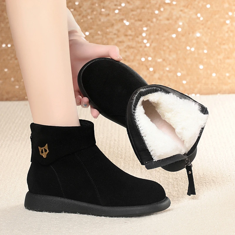 磨砂短靴女冬季羊毛保暖加绒加厚雪地棉靴平底妈妈鞋真皮防滑棉鞋