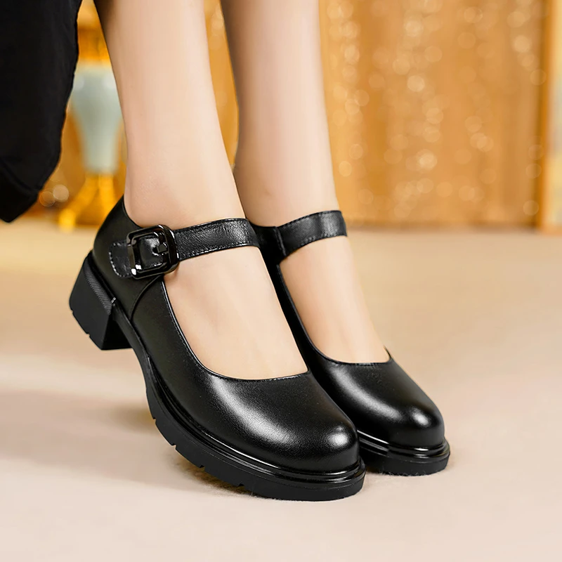 真皮女鞋玛丽珍小皮鞋头层牛皮软底软面厚底中跟中年妈妈女士单鞋