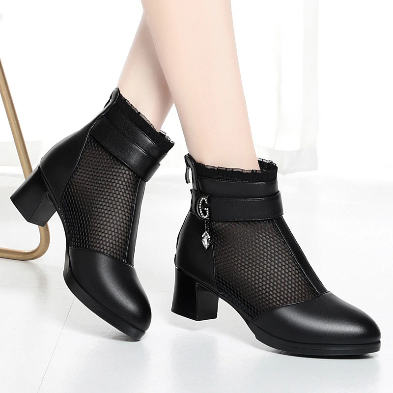 凉靴中跟网鞋女透气网面妈妈短靴鞋子时尚粗跟网靴真皮中年妈妈鞋