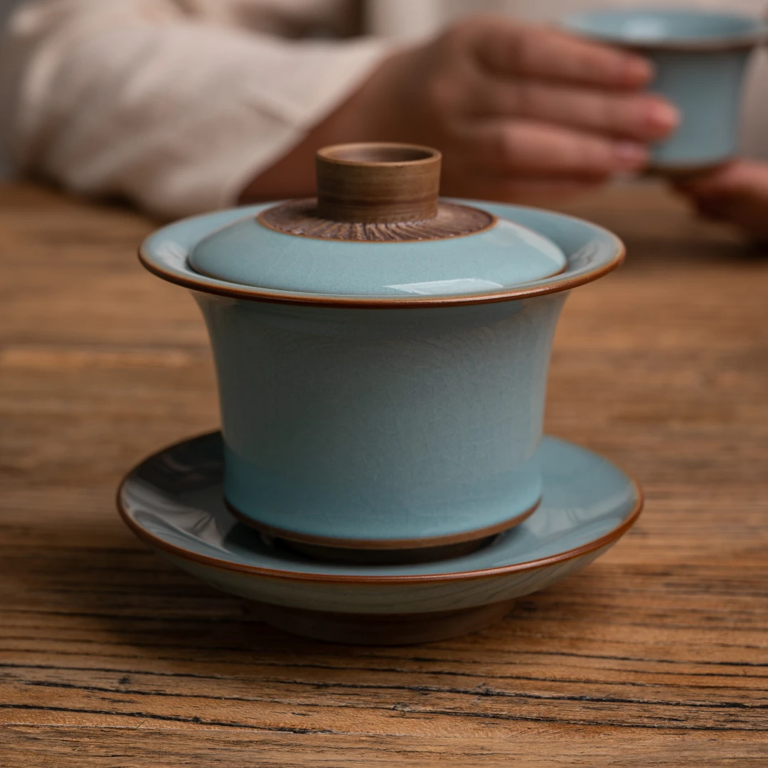 重工马蹄盖碗天青手工汝州原矿原釉茶具茶碗大号复古陶瓷大容量