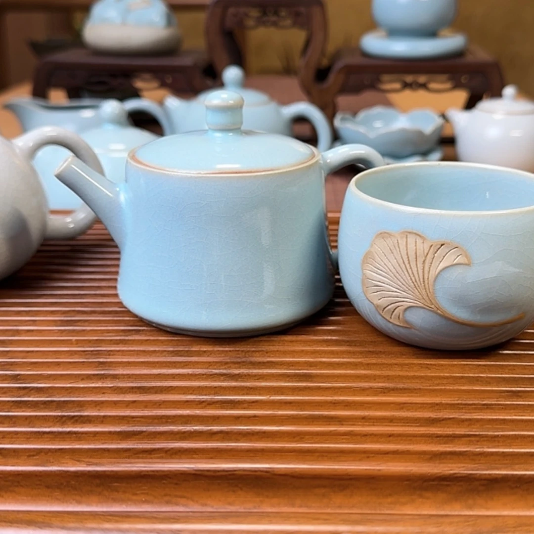 【闪购商品】原矿月白银杏高井栏壶 送月白银杏杯