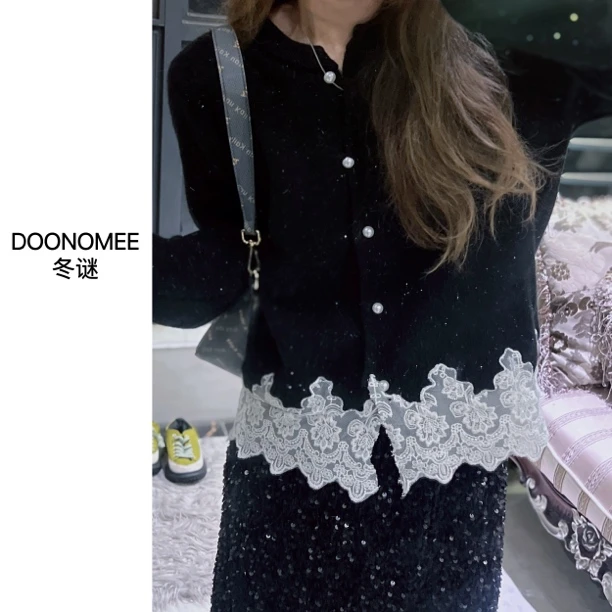 秋冬女短款圆领蕾丝边针织开衫温柔百搭毛衣外套上衣803