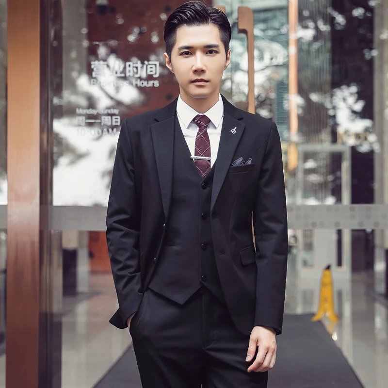 西服套装男春秋款修身男士二粒扣商务三件套西装韩版职业装西服