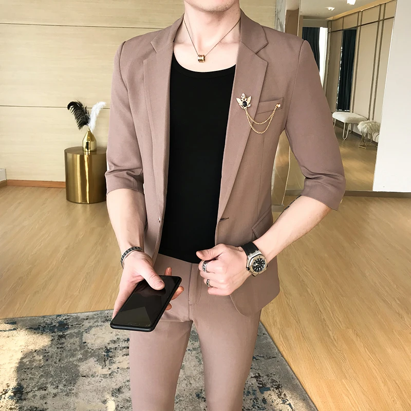 夏季潮男修身七分袖西服两件套韩版青年发型师休闲半袖小西装一套
