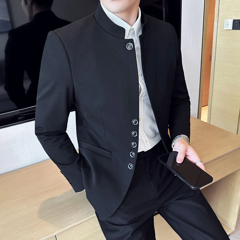 新中式时尚男外套高级感痞帅立领西服套装休闲高端无领青年中山装