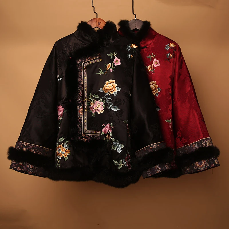 240042素女馆新款网红复古民族风冬季重工刺绣斜襟短款中式棉袄