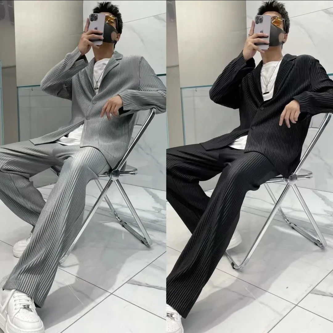 褶皱西装套装男春秋季痞帅宽松潮牌休闲雅痞西服简约垂坠感两件套