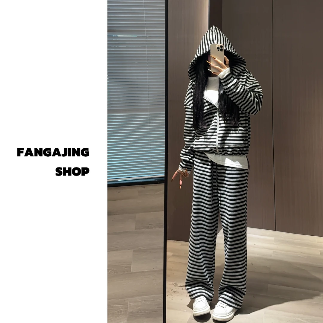 春季新款时尚条纹连帽卫衣休闲宽松长裤慵懒风两件套装