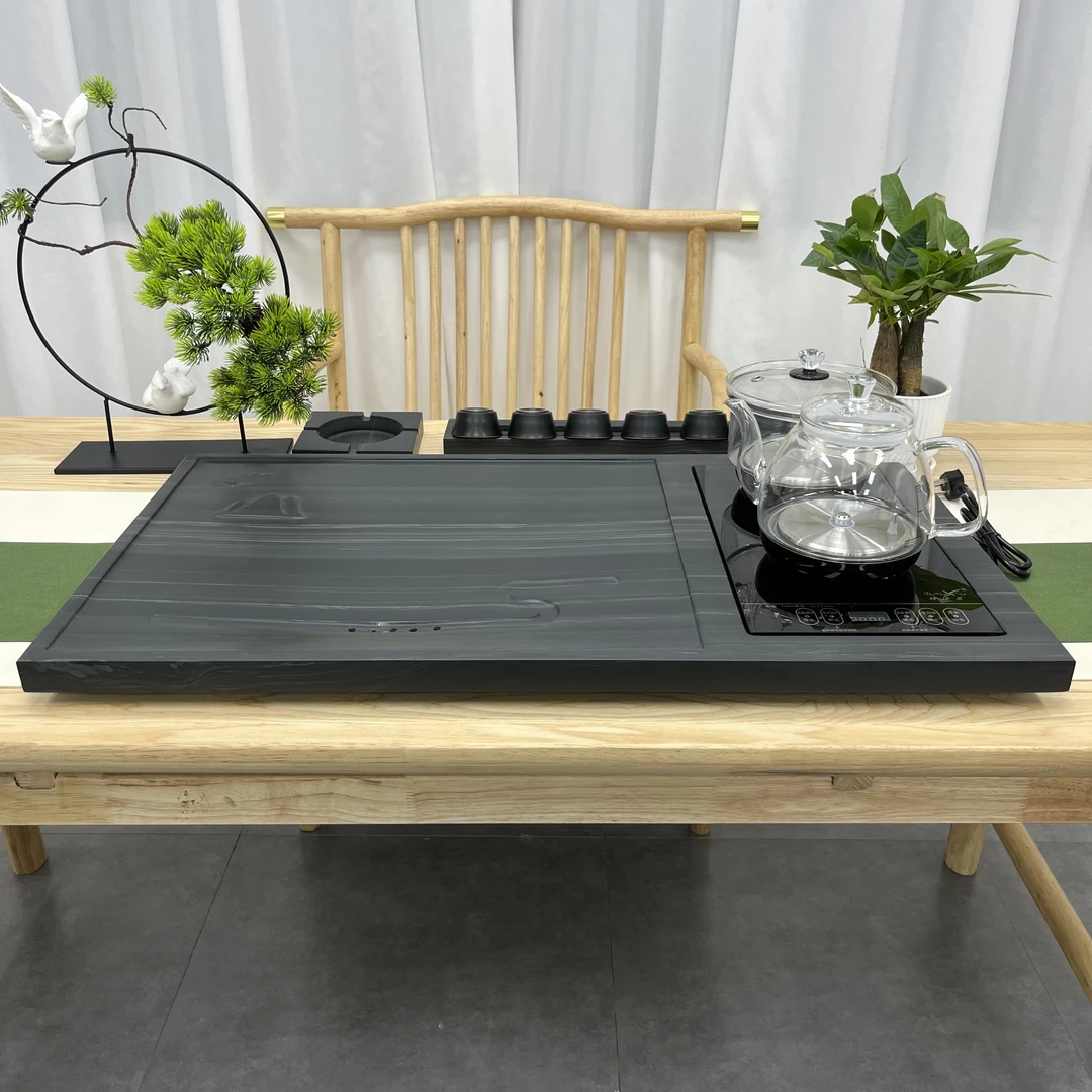 高山流水皇庭玉天然整块石茶盘浮雕排水式带电器一体茶具石茶台