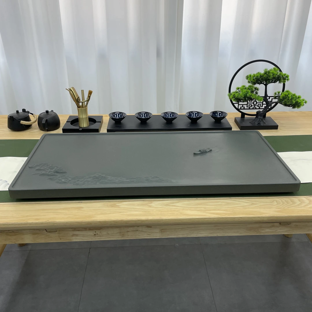 江船天罗绿整块石头茶盘立体浮雕茶盘干泡台茶盘石茶台干泡茶盘