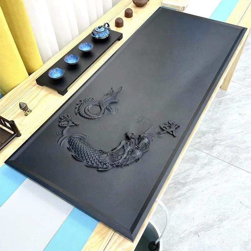 龙吸水天然整块石茶盘排水式手工新中式办公家用干泡台精雕乌金石