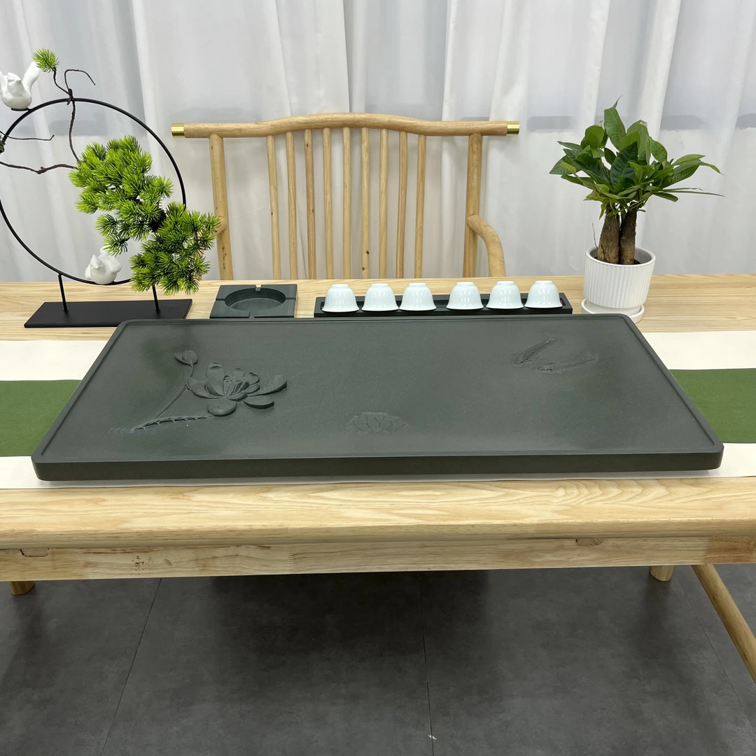 荷花锦鲤天罗绿石茶盘天然整版整料手工浮雕精雕工艺家用石茶台