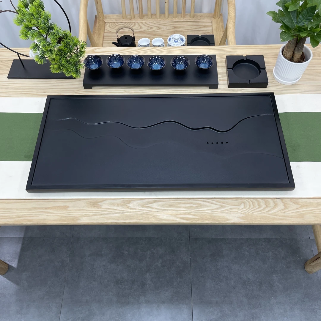 江河乌金石天然石茶盘简约大气家用办公茶盘浮雕排水式