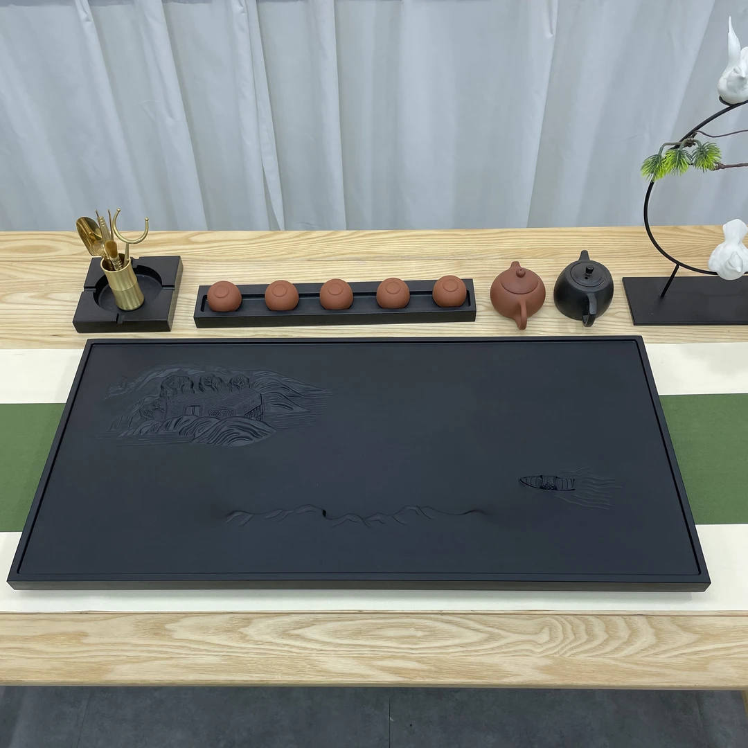 枫桥夜泊乌金石茶盘天然整块石茶盘浮雕排水式托盘家用办公茶盘