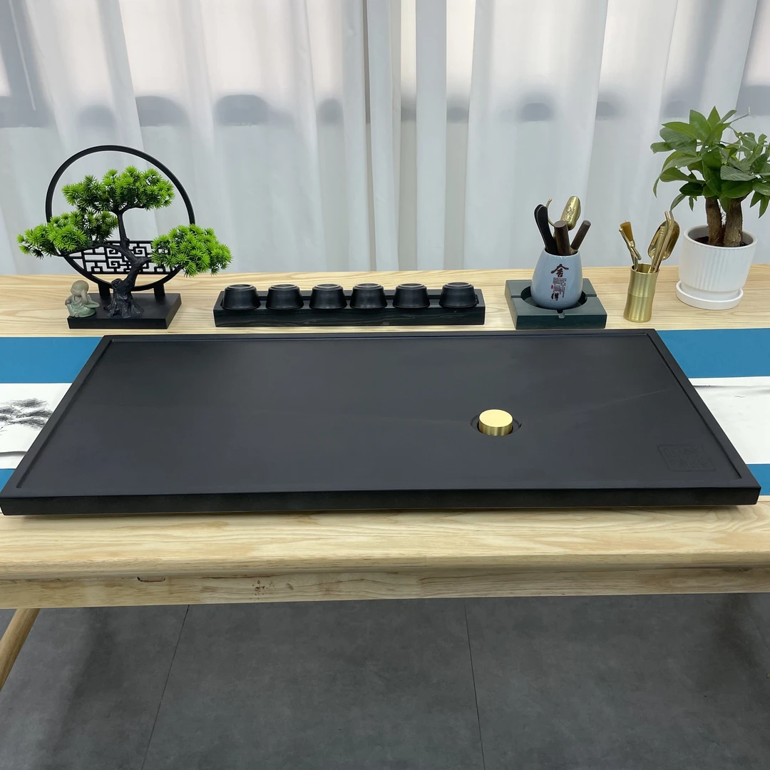 实心圆天然乌金石茶盘现代简约家用办公茶盘新中式轻奢黑色茶具
