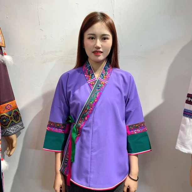 先荣侗艺侗族传统服装紫色上衣中长袖女士复古时尚民族风夏季爆款