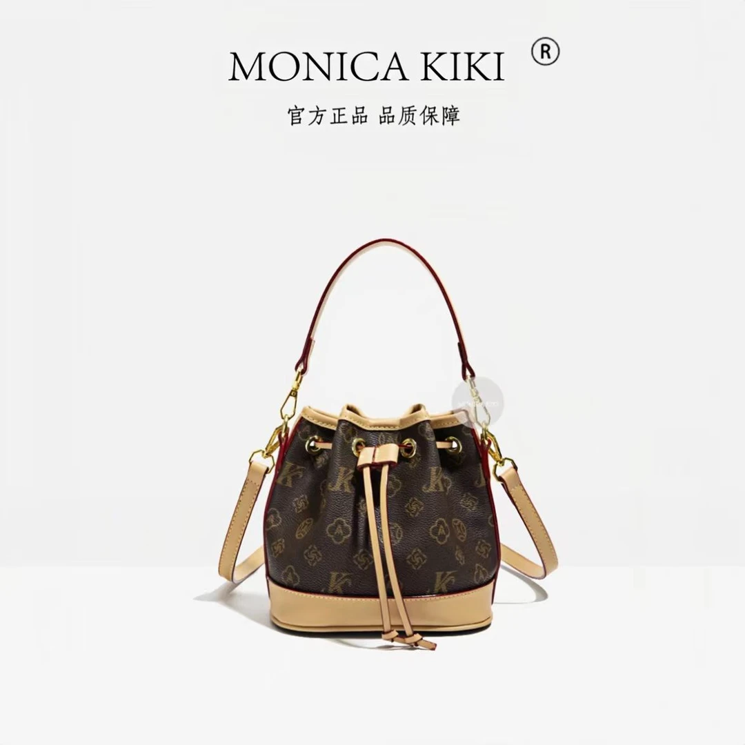 时尚女士经典抽绳水桶包单肩肩包轻奢休闲百搭潮流斜跨拼色中包