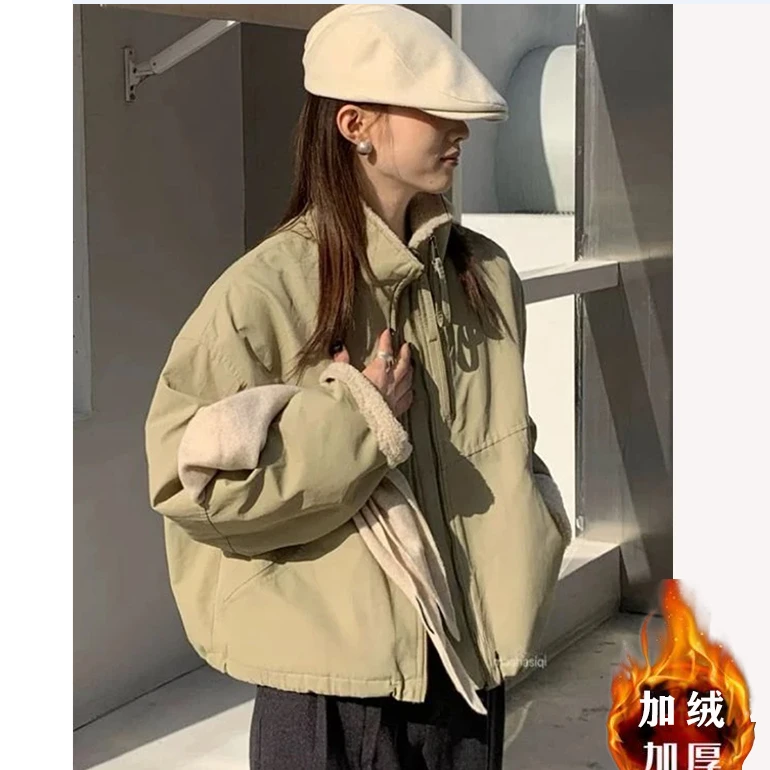 直销-仿羊羔毛短款派克服女小个子2024冬季韩版休闲宽松棉服短外