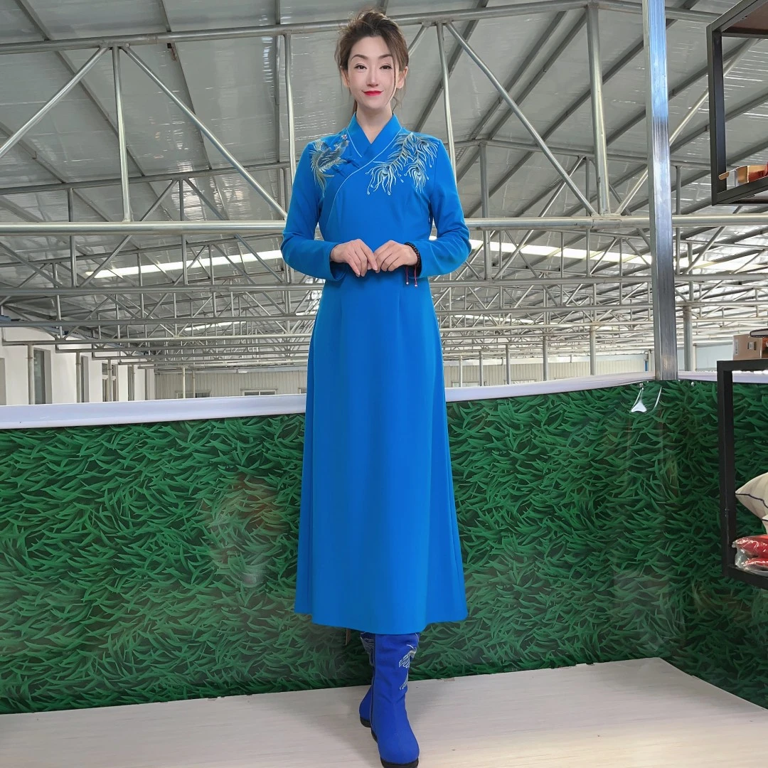 汉舞中国风原创中式复古刺绣修身服装玉凤凰长款连衣裙A9161