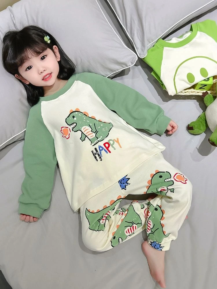 女童睡衣春秋季2024新款A类长袖加厚款儿童恐龙套装宝宝家居服潮