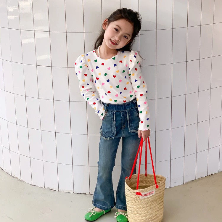 女童泡泡新款韩版2024儿童宝宝春秋爱心打底长袖洋气T恤外穿上衣