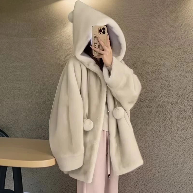 秋冬季连帽女巫款欧貂绒外套女中长款加厚仿貂毛巫师帽毛毛外套短