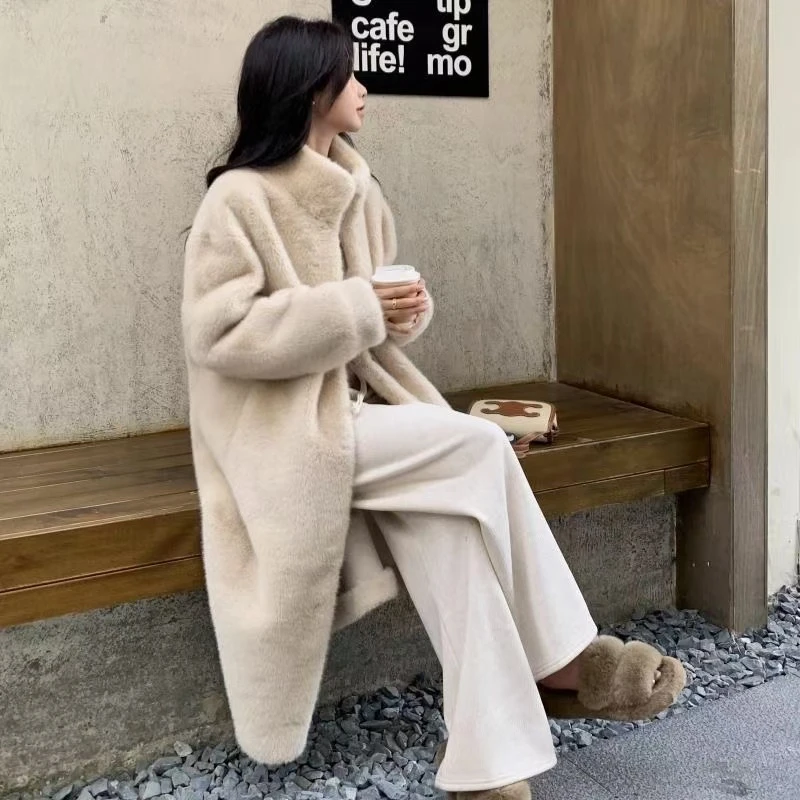 仿水貂毛大衣女秋冬季环保毛毛欧貂绒外套中长款时尚百搭加厚气质