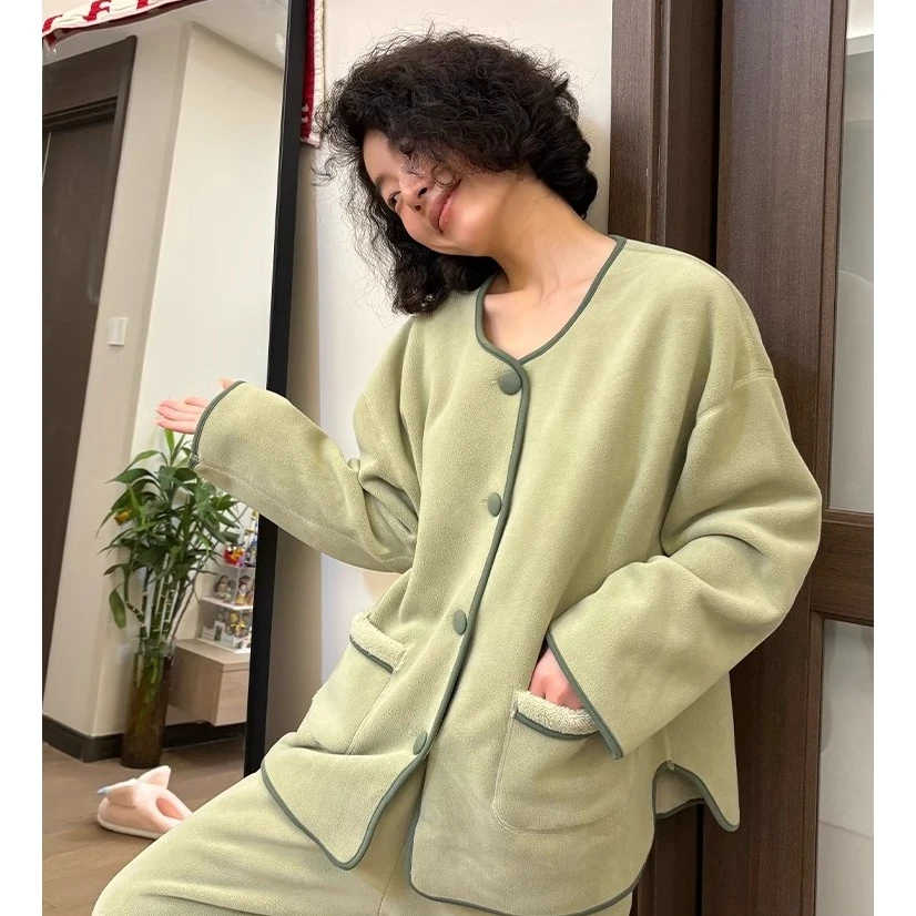 甜美少女小香风纯色珊瑚绒睡衣女冬季加厚法兰绒可外穿家居服套装