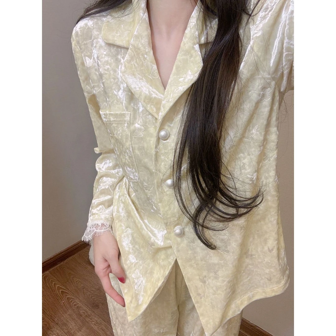 【蕾丝边轻奢】小香风高级印花缎面睡衣女2025秋冬季保暖家居服外穿