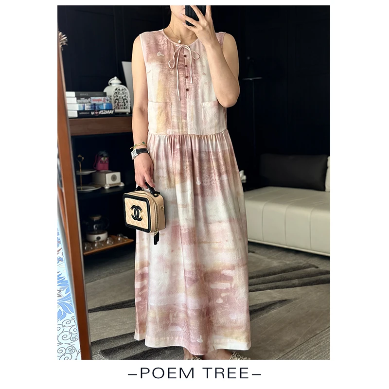 poemtree“曲径幽幽”手工脏染桑蚕丝+绵羊毛复古长款连衣裙XH2428