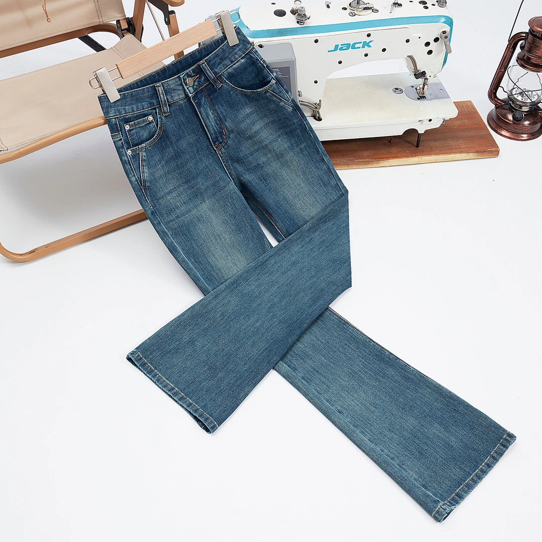 FDN服饰夏季新款微喇裤翡翠绿高腰显瘦时尚百搭软牛仔喇叭裤