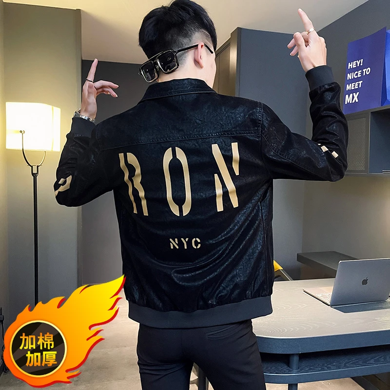 潮牌印花加绒皮衣外套机车服男装衣服2023新款春秋季痞帅翻领夹克