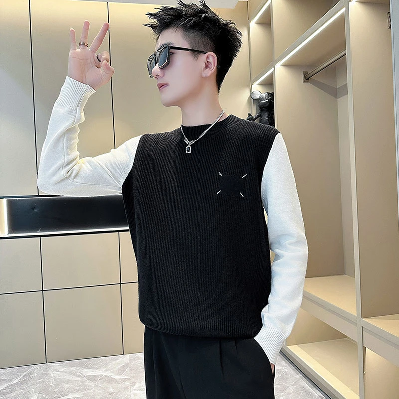 2023网红同款毛衣男冬季黑白色上衣高级穿搭设计感重工竖纹针织衫