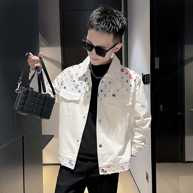 高级感男士贴布破洞夹克衫秋季潮流个性翻领上衣情侣宽松长袖外套