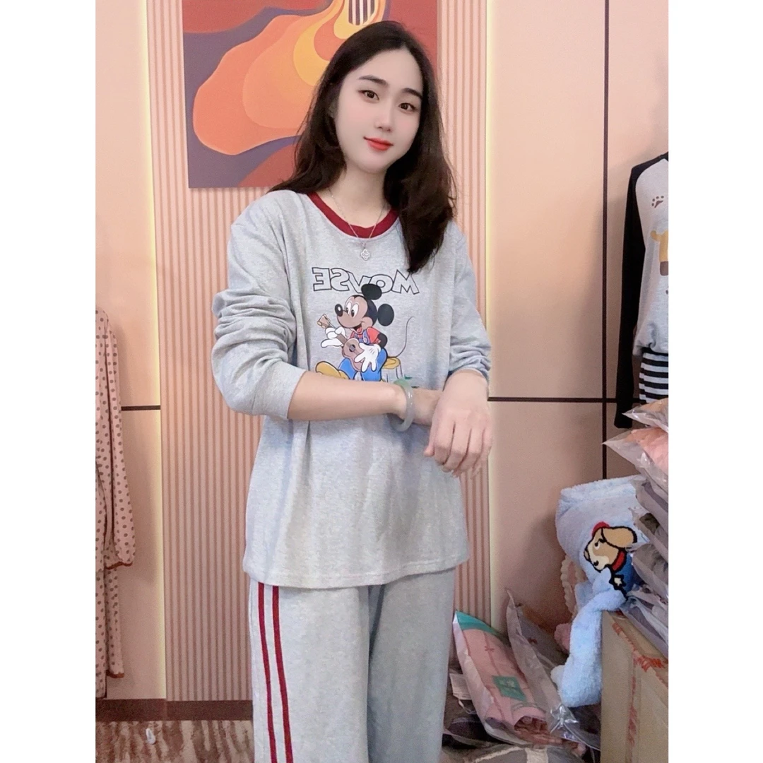 胸垫版睡衣女冬季新款纯棉长袖长裤韩版时尚家居服套装（童趣米奇）
