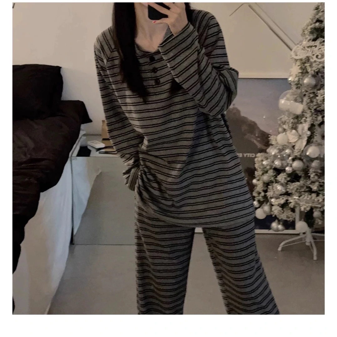 睡衣女冬季新款纯棉长袖长裤韩版时尚甜美家居服套装（日系风条纹）