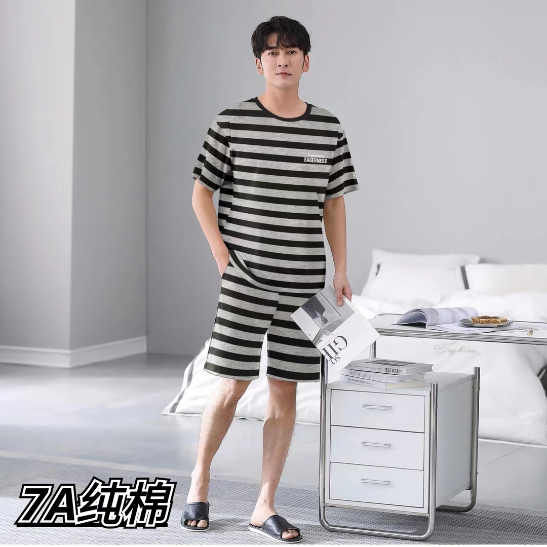 纯棉网红休闲简约韩版短袖短裤家居服套装（黑灰条纹男）
