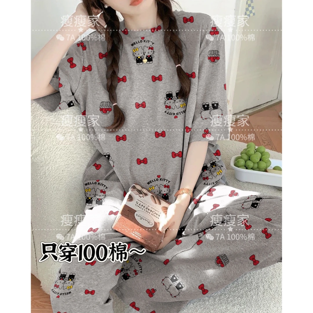 夏季纯棉休闲简约睡衣女短袖长裤家居服（ KT猫咪长裤MX）