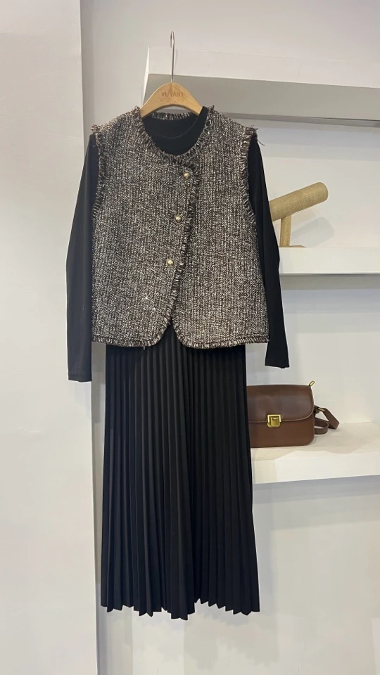 7880高级感小香风马甲百褶长裙两件套气质显瘦套装裙子