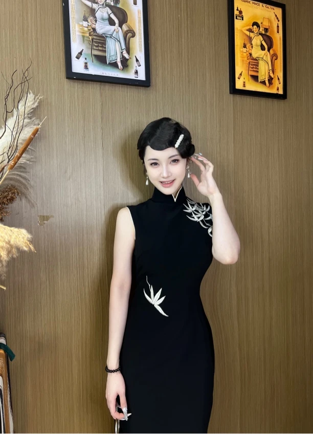 韵西子【竹香魅影】复古无袖高领气质旗袍