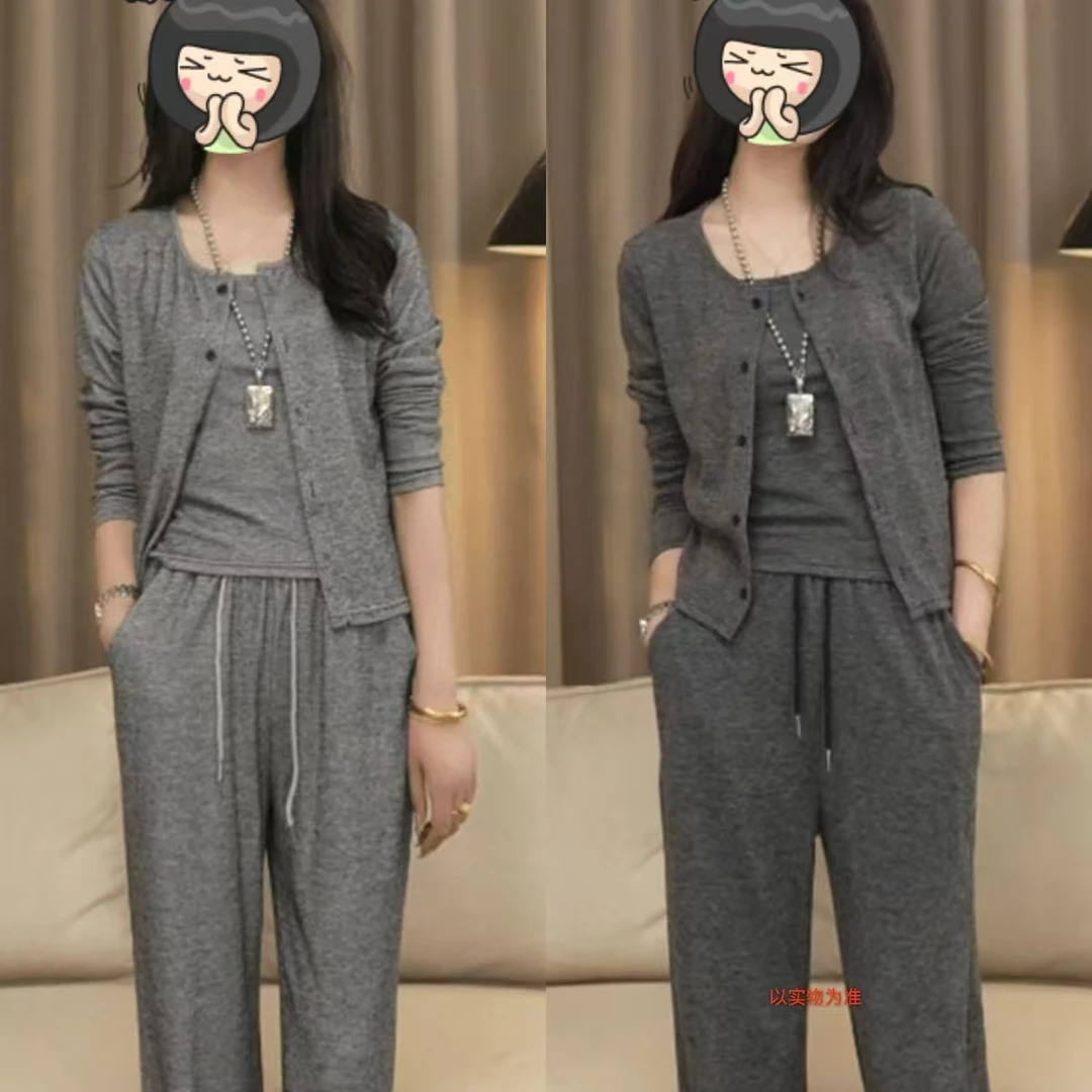 1839#显瘦三件套装气质长袖网红百搭宽松灰色套装春秋运动洋气