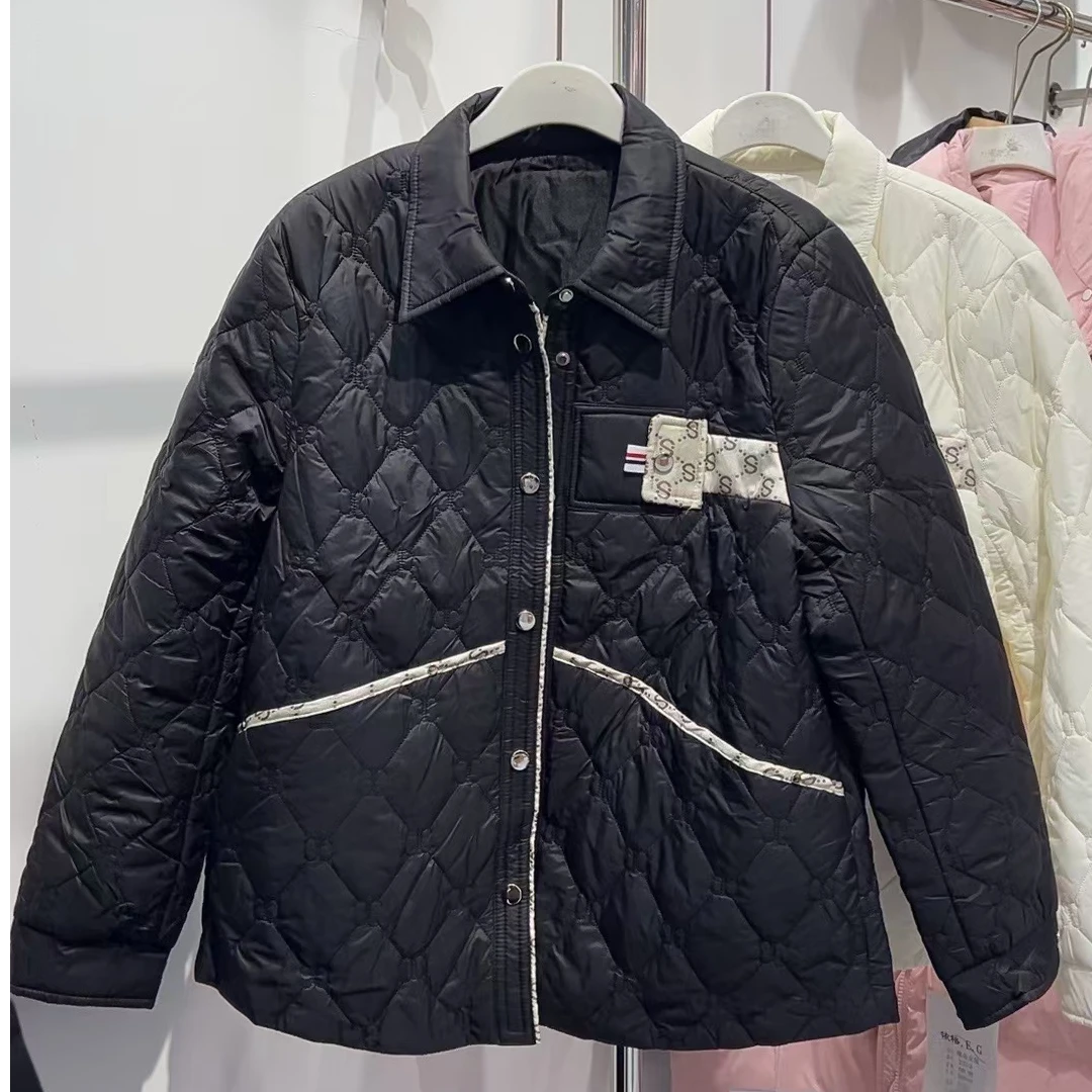 棉服小香风短款时尚休闲百搭菱格宽松保暖翻领秋冬拼接2303