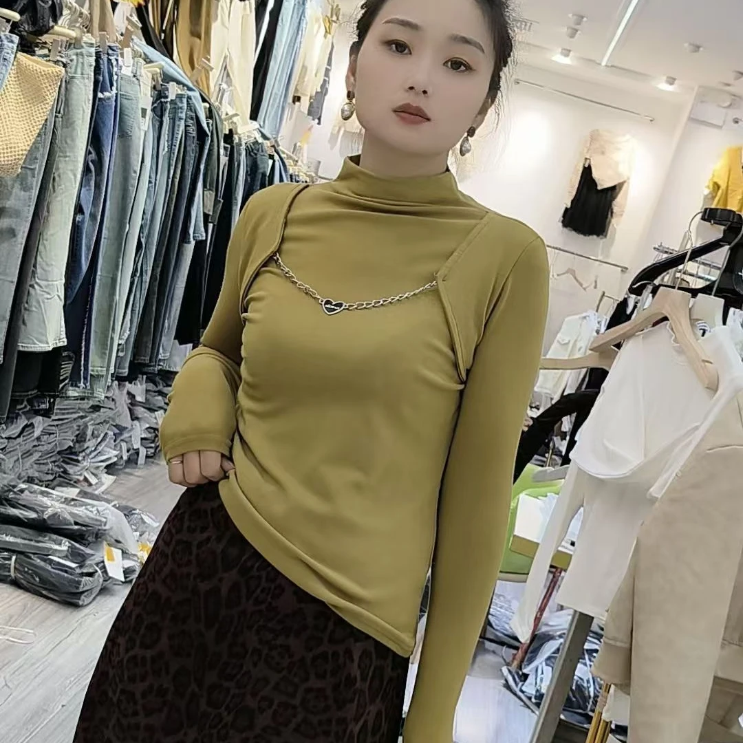 上衣磨毛打底长袖网红洋气时尚百搭半高领显瘦女士修身（链子）7726