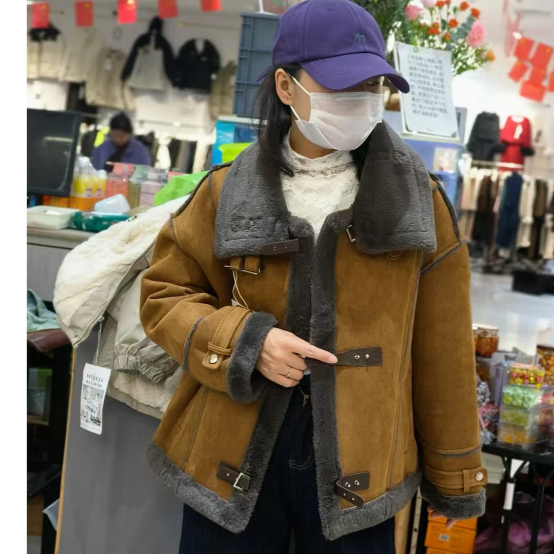 外套时尚加绒加厚秋冬拼接冬季皮毛一体短款休闲冬款翻领0809