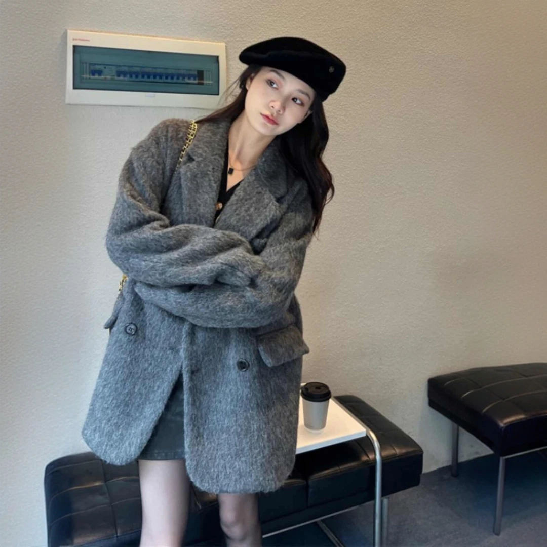 韩版高级感西装灰色气质毛呢外套女秋冬2024新款复古加厚呢子上衣