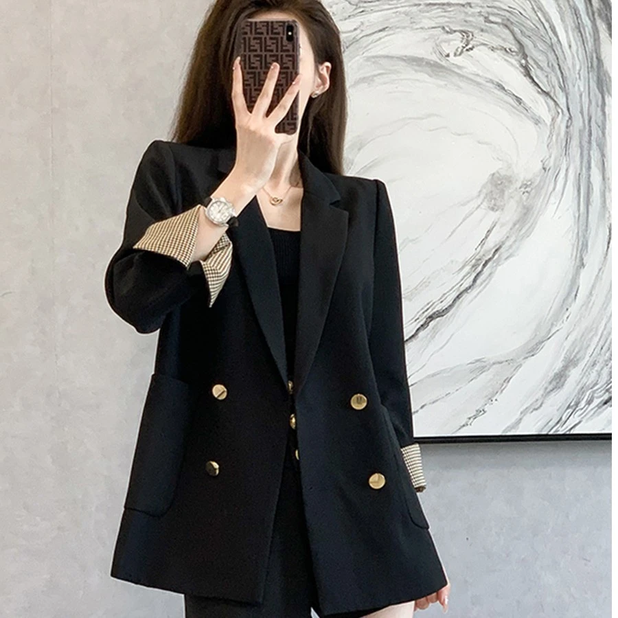 （阿芝专属）2025春夏新款宽松显瘦高端双排扣黑色翻袖西装外套3127