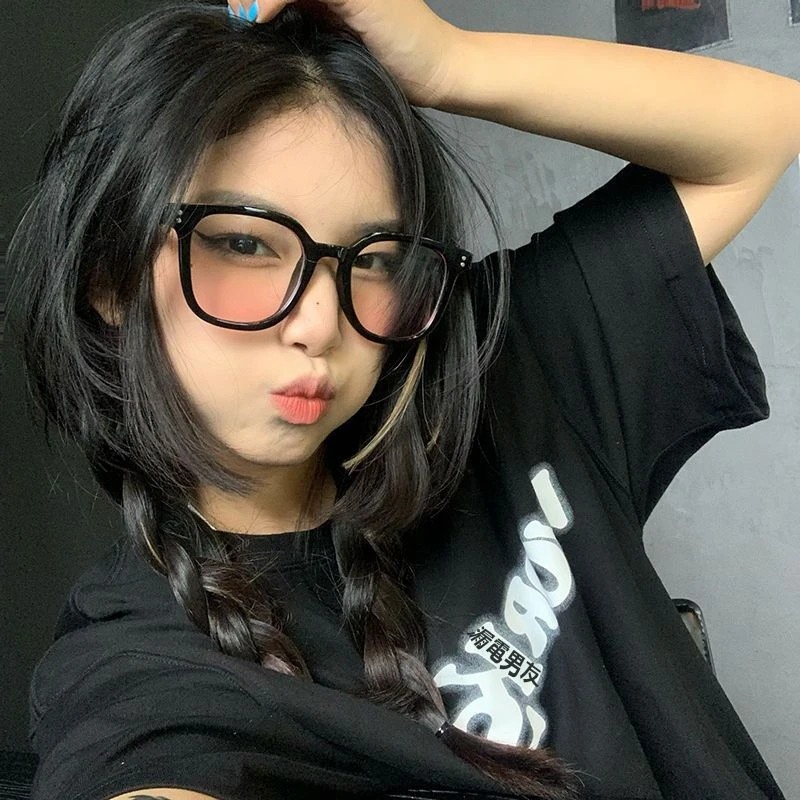 粉色可爱腮红设计眼镜黑框大框方框素颜甜美圆脸平光镜渐变粉红色