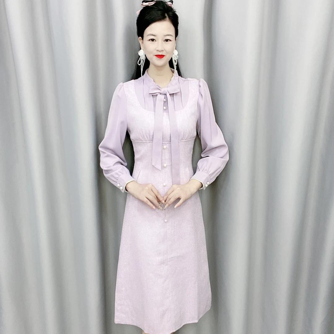 2024新款女装长袖法式假两件蝴蝶结温柔风中长款连衣裙