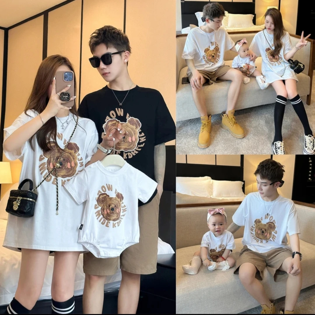 亲子装卡通小熊纯棉宽松t恤一家三四口婴儿爬服纯棉宝宝夏天衣服