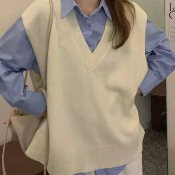 秋冬季v领宽松显瘦慵懒风纯色无袖外穿针织衫毛衣马甲30362